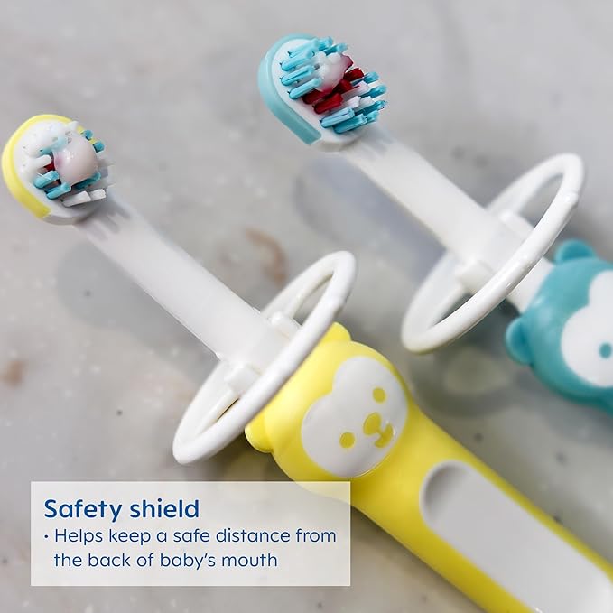 MAM Learn to Brush Set (1 Baby's Brush Toothbrush, 1 Training Brush, 1 Safety Shield), Baby Toothbrushes with Brushy The Bear, Interactive App, for Girls 5+ Months, Blue