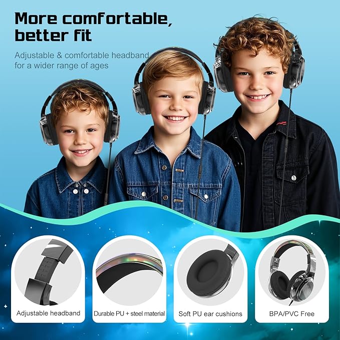 QearFun Kids Headphones Wired with Mic, 85/94dB Safe Volume Limit, Foldable Over Ear, Tangle-Free Cord & Sharing Port, Wired On-Ear Headset for School, Chromebook, Tablet, Travel - Boys & Girls