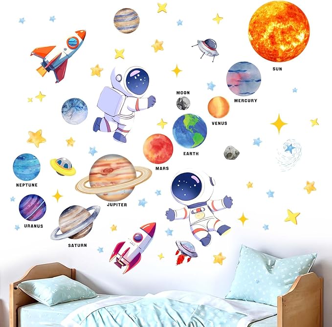 Outer Space Wall Stickers for Kids: Peel and Stick Astronaut Planets Rocket Wall Decals - Wall Art Decor Kids Supplies Ages 1 2 3 4 5 6 7 8 9 10 11 12 Year