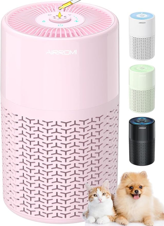 AIRROMI Pets Air Purifier for Home Allergies,Up to 660 ft².Yellow Deodorizing Activated Carbon Filter,With Fragrance Sponge for Better Sleep,Night Light,Pet Dander,Smoke,Odors,Air Cleaner A2002 Pink