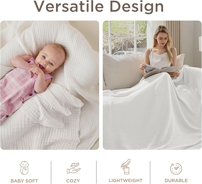 Threadmill Summer Muslin King Size Blanket | 4 Layer 100% Cotton Gauze Blanket | Lightweight, Soft, and Breathable Muslin Blanket for All Seasons | White