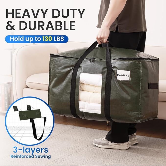 TAILI 10 Pack Green Extra Large Storage Bags, Heavy Duty Totes with Visible Window, Wrap Around Handles, Perfect for Moving