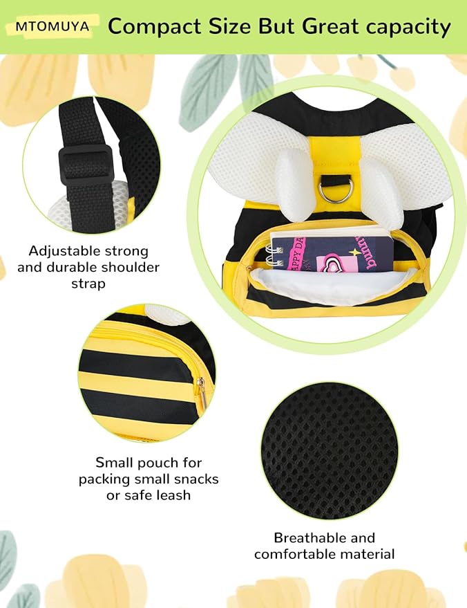 Toddler Harness with Anti Lost Wrist Link - 3-in-1 Baby Safety Leash Backpack, Adjustable Kids Walking Belt with Pocket,Child Locking Wristband for Boys & Girls for Outdoor Travel, Yellow Bee