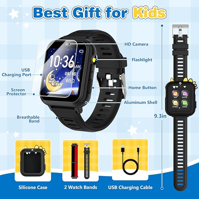 Smart Watch for Kids with 39 Games Camera Video Recorder Music Alarm Calculator Calendar Flashlight Parental Control Pedometer, Gift Toys for 4-12 Years Old Boys and Girls (Black)