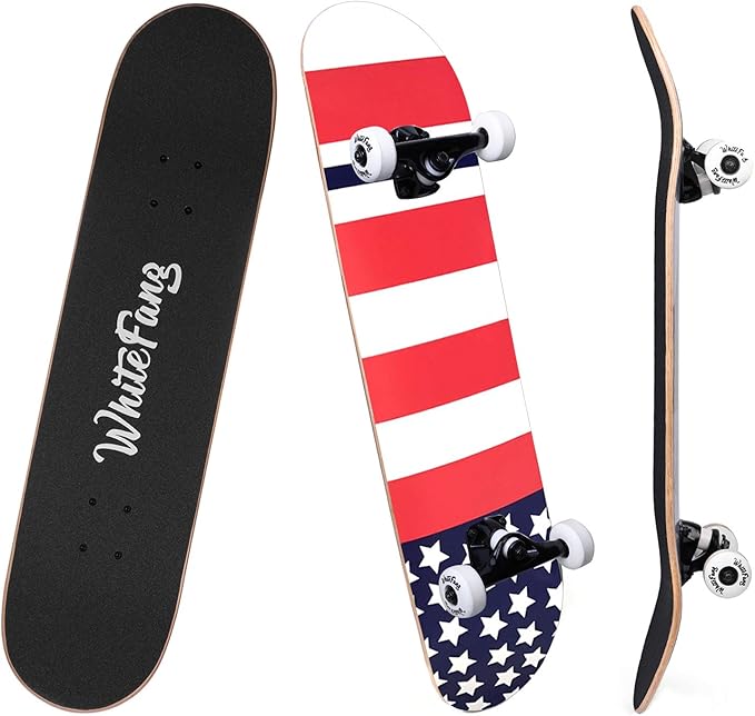 WhiteFang Skateboards for Beginners, Complete Skateboard 31 x 7.88, 7 Layer Canadian Maple Double Kick Concave Standard and Tricks Skateboards for Kids and Beginners
