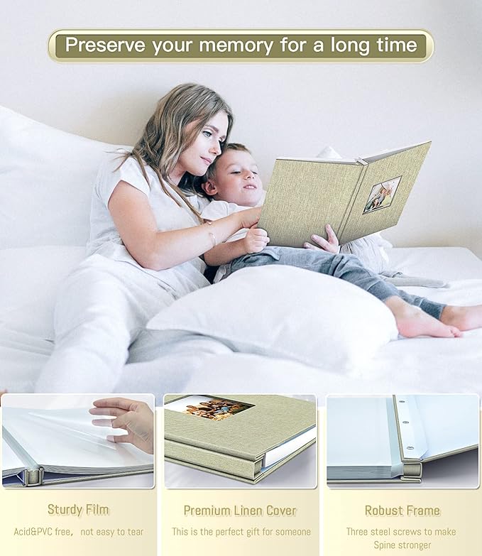 popotop Photo Album Self Adhesive with Picture Display Window,40 Pages DIY Scrapbooking Supplies Kit for 4x6 10x12 Picture,Linen Cover Memory Book for Baby Wedding, with Scraper and Metallic Pen