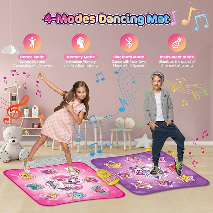 VATOS Double Dance Mat for Girls - 4 Game Modes & 9 Challenge Levels with Adjustable Volume, Led Light & Wireless Bluetooth | Music Play Mat Birthday Gifts Toys for Kids Ages 3 4 5 6 7 8 9+ Years Olds