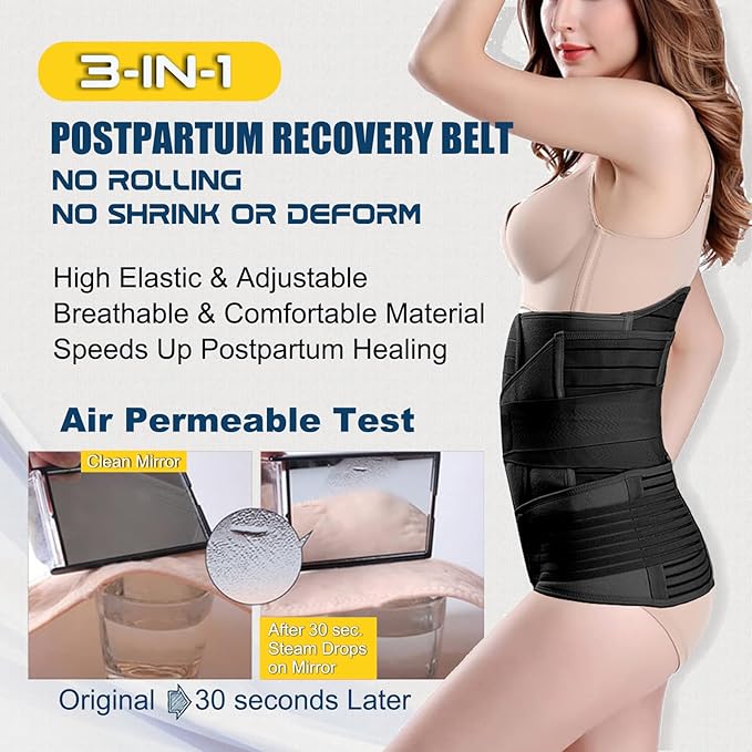 ChongErfei 3 in 1 Postpartum Belly Wrap - Recovery Belly/Waist/Pelvis Belt Black Postpartum Belly Band,Black L