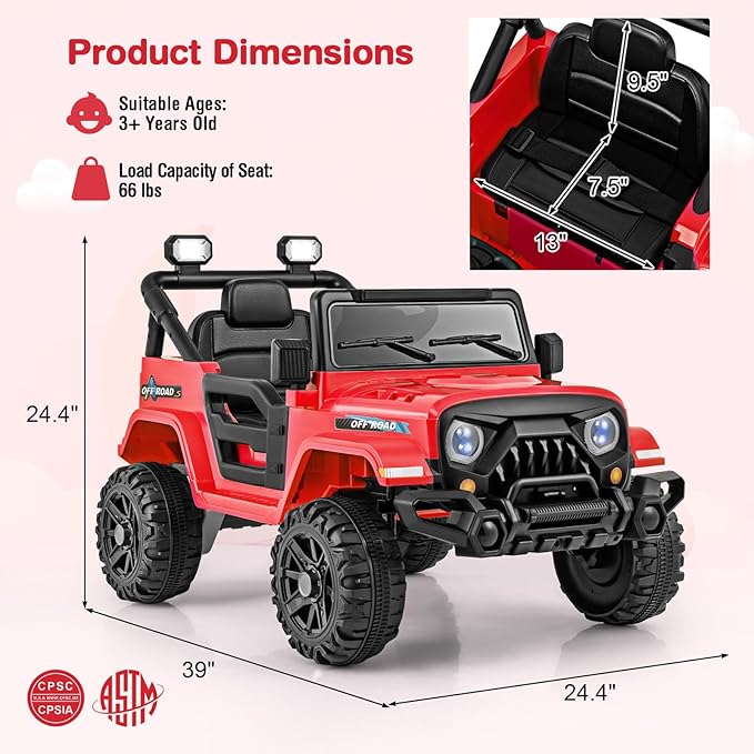 Costzon 12V Kids Ride on Truck Car, Electric Vehicle w/Remote Control, Threaded Wheels, 3 Speeds, LED Lights, Music, Horn & Wireless Connection, Battery Powered Ride on Toy for Boys & Girls 3+ (Red)