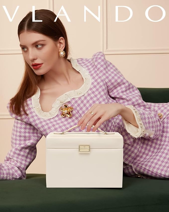 Vlando Jewelry Box Organizer for Girls Women, Large Jewelry Holder Organizer with Mirror, 3 Drawers for Bracelets, Earrings, Rings, Necklaces, Mothers Day Gifts for Loved One, Apricot White