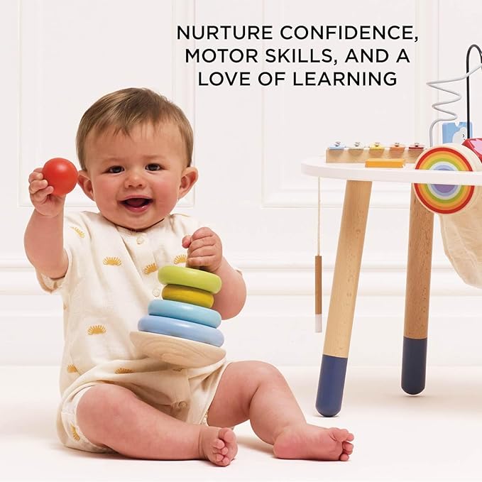 Le Toy Van – Wooden Rainbow Stacker | Girl & Boy 7 Piece Rainbow Wobbling Ring Stacker – Suitable for 18+ Months