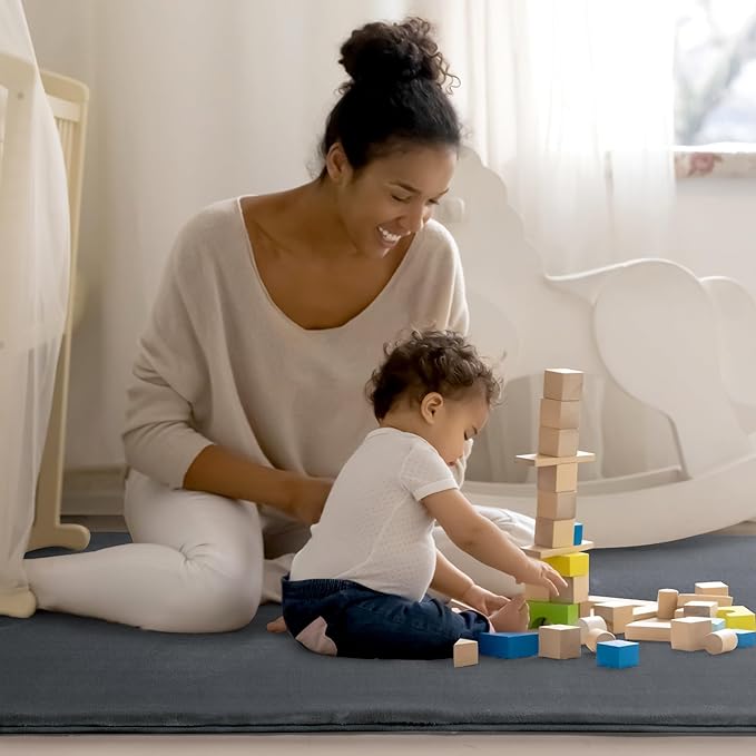 BALAPET Thick Memory Foam 74x50 Play Mat for Playpen, Super Soft Velvet Portable Baby Playpen Mat for Kids Toddler Crawling and Play, Non-Slip Bottom Playmat, Dark Grey