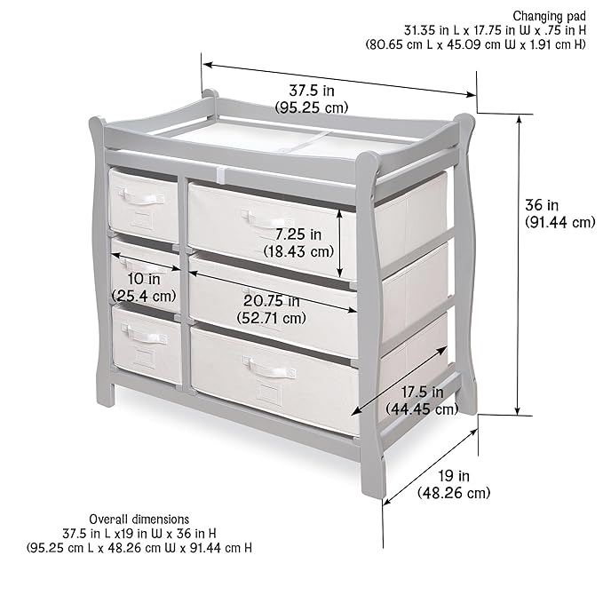 Badger Basket Sleigh Style Baby Changing Table - Diaper Station with 6 Removable Storage Baskets, Safety Rails, Pad, and Belt - Nursery Organizer - Gray/White