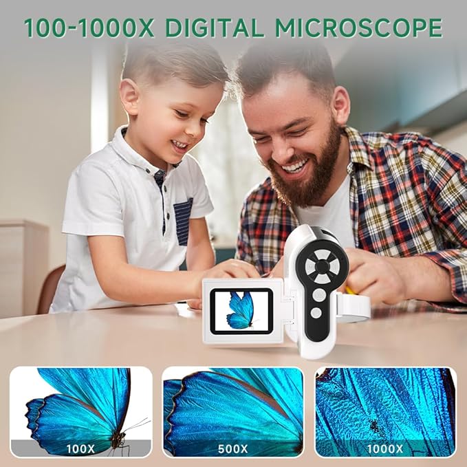 Microscope for Kids, [3-in-1] 1000X Handheld Mini Scope with 2" LCD Screen, Portable Miniscope for Kids 8-12 Halloween Christmas Birthday Edu Gifts, 32GB TF Card Included