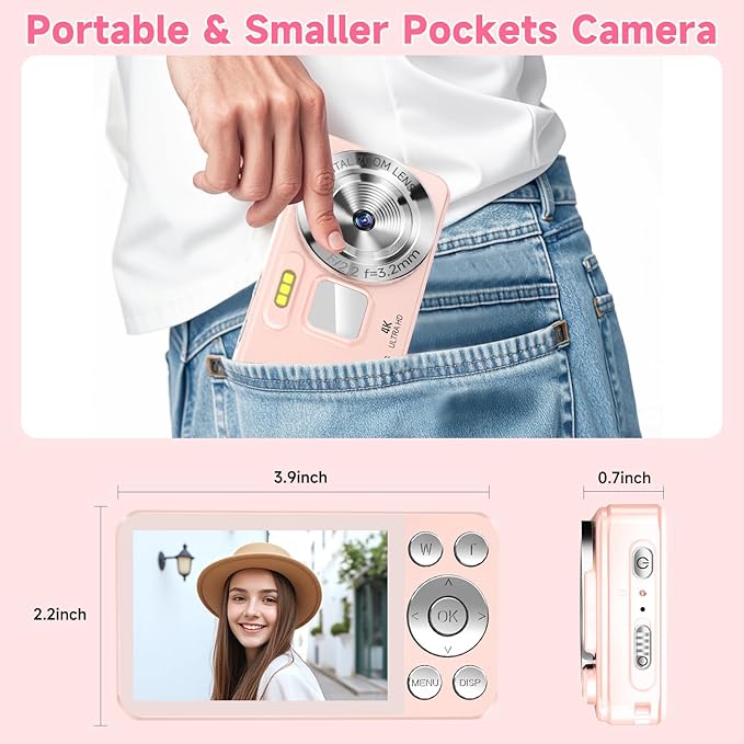Digital Camera, Autofocus 4K 64MP Point and Shoot Digital Cameras for Teens with 64GB Card, 18X Zoom Anti-Shake Compact Video Camera for Student Kids Boys Girls Beginner - Pink