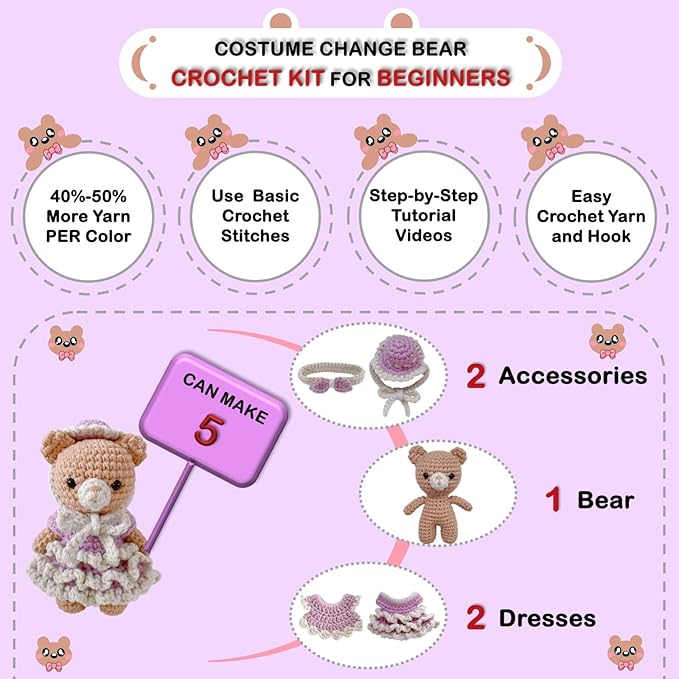 LoopMap Crochet Kit for Beginners - DIY Amigurumi Bear with Removable Dress & Accessories, Step-by-Step Video Tutorials, Extra Yarn, Crochet Tools, Handmade Gift for Kids & Adults(Bear-Purple)
