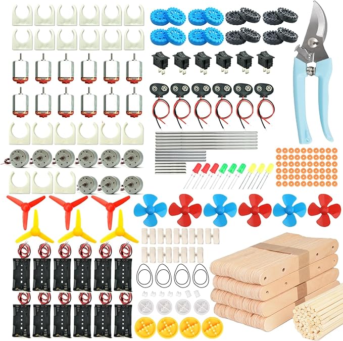 EUDAX 465PCS DC Motor Kit STEM Mini Electric Motor Kit for DIY Science Projects, LED Light Vanes Propeller, AA Battery Holder, Plastic Gears, Electrical Engineering Kit for Education Projects