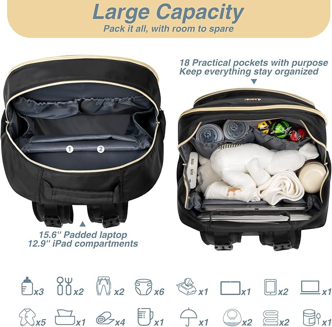 MOMUVO Diaper Bag Backpack, Quilted Baby Bag with Changing Pad and Stroller Straps and Pacifier Case, Large Travel Diaper Bags for Mom Dad,Black