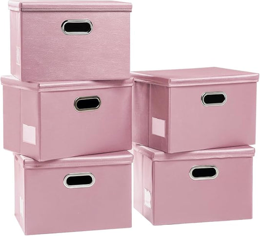 PRANDOM Large Stackable Storage Bins with Lids [5-Pack] Leather Fabric Foldable Storage Boxes Organizer Containers Baskets Cube with Cover for Bedroom Closet Office Nursery Pink (17.7x11.8x11.8)