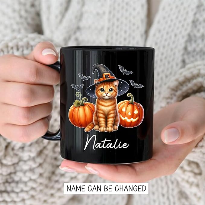 Custom Halloween Orange Tabby Coffee Cup, Personalized Name Orange Tabby with Pumpkins Ceramic Mug, Cat Witch Pumpkin Mug 11oz 15oz, Pet Cat Halloween Black Cup, Gift Idea for Pet Enthusiast