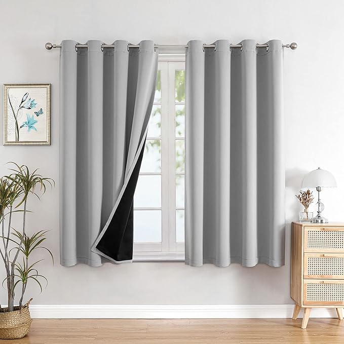 ChrisDowa 100% Blackout Curtains for Bedroom with Black Liner, 2 Thick Layers Total Blackout Thermal Insulated Grommet Window Curtains 63 Inch Length 2 Panels Set (Light Grey, 52 x 63 Inch)