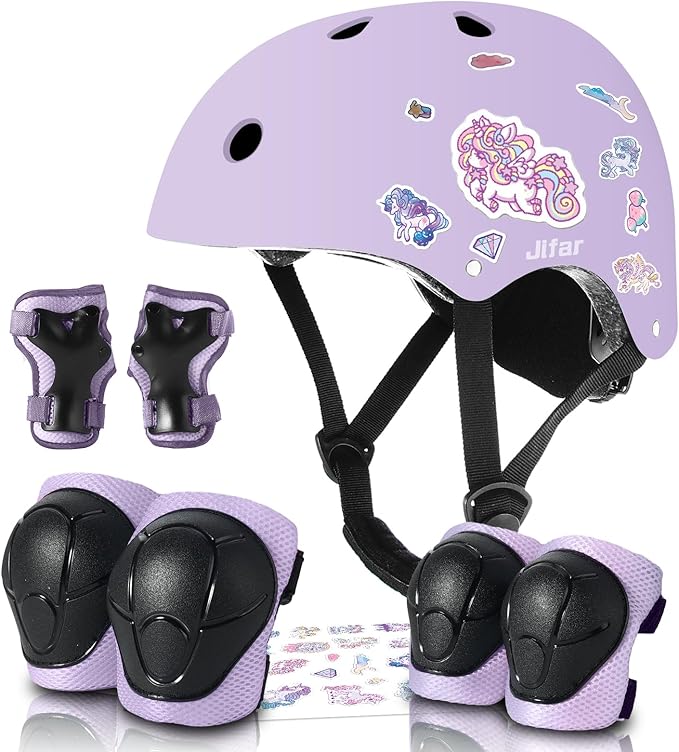 Adjustable Kids Bike Helmet with Knee & Elbow Pads Set, Color Gradient Design for Boys and Girls Aged 3-14+, for Skateboarding, Scooter, Roller & Inline Skating, Longboard
