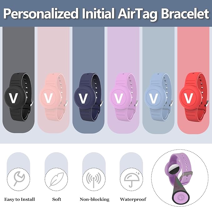 Waterproof Bracelet for AirTag Kids, Personalized Initial Letter Hidden Holder Compatible with Air Tag, Silicone Case for Airtag Adjustable Anti-Lost GPS Tracker for Toddler Child Elder, V