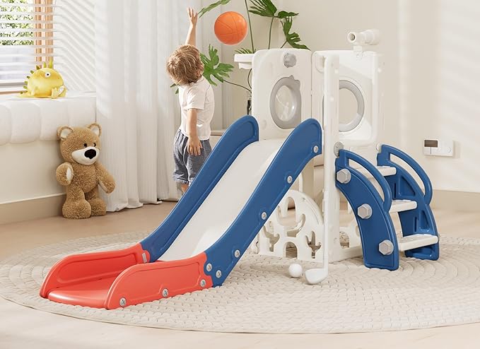 KORIMEFA 7 in 1 Toddler Slide, Kids Slide for Toddlers Baby 1-3 Years Old, Indoor and Outdoor with Basketball Hoop & Golf Set, Plastic Slides for Kids Easy Assembly, Blue