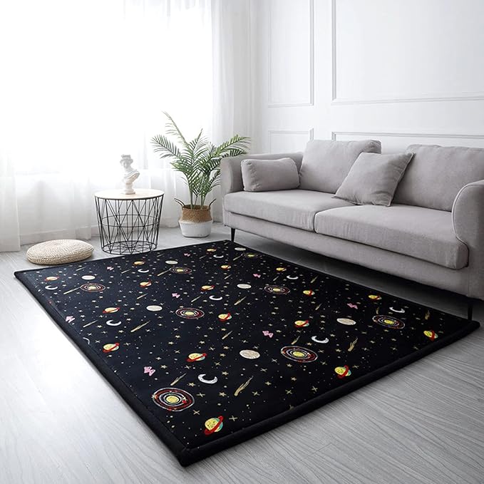 Loartee Coral Velvet Area Rug - 1" Thick Memory Foam Baby Play Mat, Washable Toddler Carpet, Home Decor for Living Room, Nursery, Kids Bedroom, Astral Black, 6'7"x7'10"