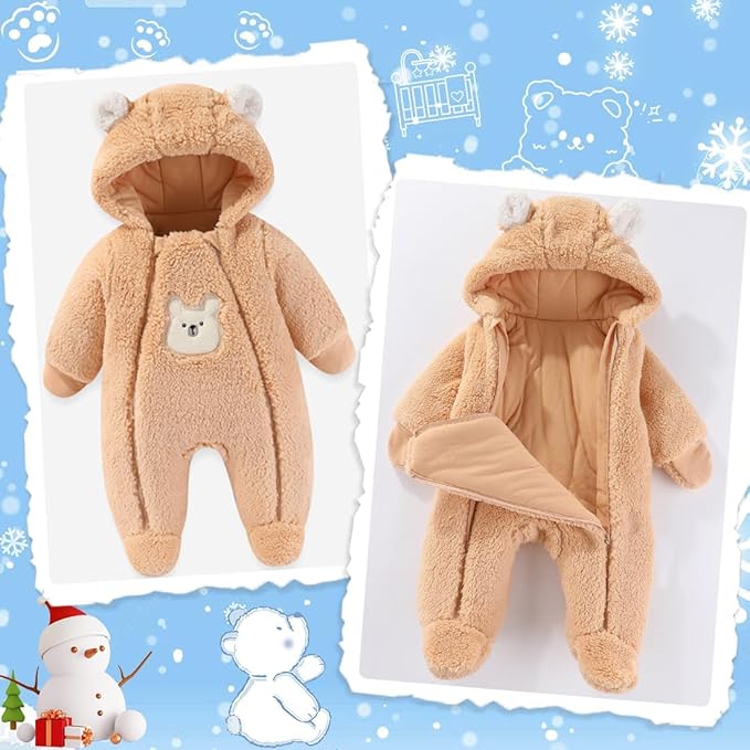 Fairy Baby Newborn Baby Winter Snowsuit Bear Thick Romper Footie Double Zip Hooded Jumpsuit Fleece Coat Infant Boy Girl 0-12M
