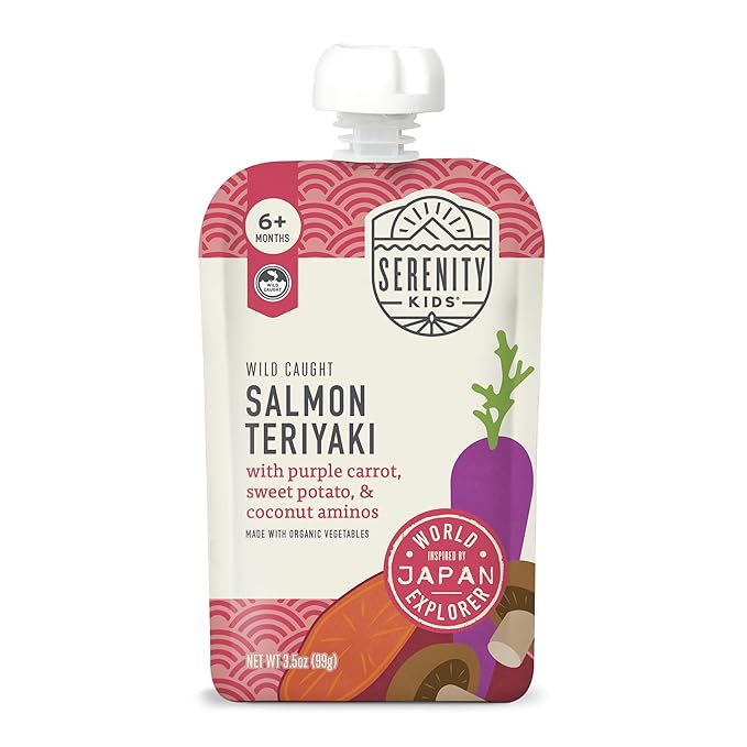 Serenity Kids 6+ Months Salmon Teriyaki Organic Baby Food Pouches - Ethically Sourced Salmon & Organic Veggies - No Added Sugar BPA-Free Baby Puree - 3.5 Oz, 12 Pack
