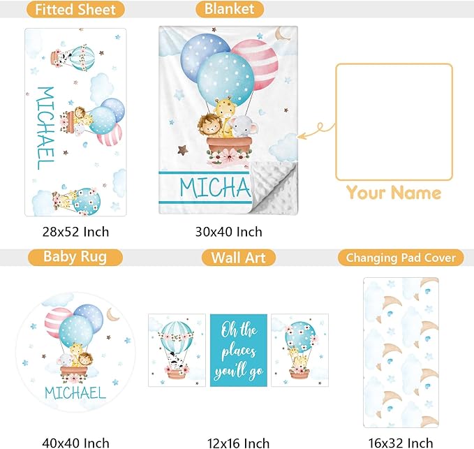 Personalized Baby Bedding Set, 5 Pcs Custom Toddlers Bedding Set with Infant Name, Double Layer Nursery Crib Set for Boys Girls, Customized Gifts for Infants Baby Shower, Hot Air Balloon Animal