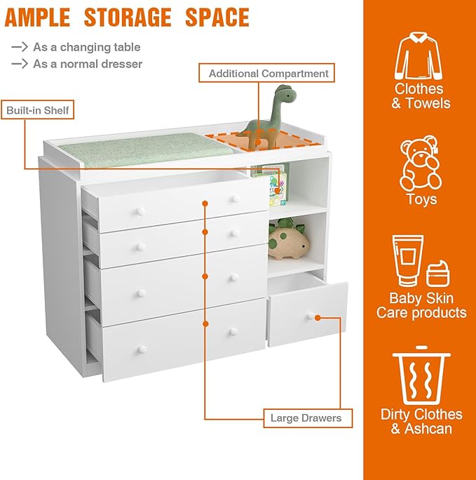 Changing Table Dresser, Baby Classic Nursery Dresser with 5 Drawers and 2 Shelves, Multi-Functional Baby Changing Table, Diaper Changing Station for Children's Room, White