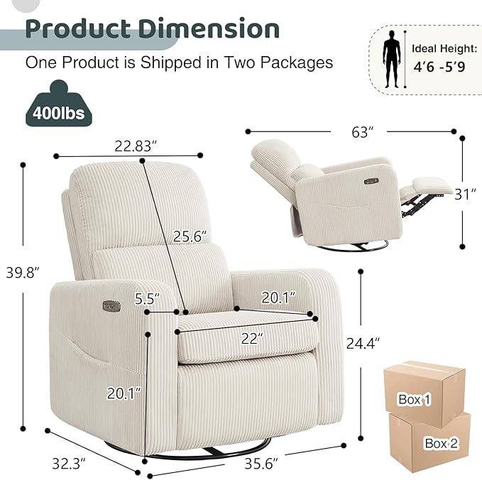 Swivel Rocker Recliner, Oversized Power Recliner Glider with Removable Cushion, Upholstered Swivel Reclining Nursery Chairs for Living Room Bedroom, Corduroy White