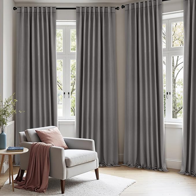 ANRODUO Back Tab Blackout Curtains for Bedroom Living Room, Rod Pocket Pinch Pleated Thermal Insulated Room Darkening Curtains 84 Inches Long 2 Panels, Grey, 52 x 84 Inch