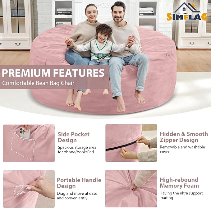 6FT Bean Bag Chair, Large Bean Bag Chairs with Memory Foam Filled, Fluffy Beanbag Sofa with Dutch Velvet Cover, Round BeanBag Chairs for Living Room, Playroom- Light Pink