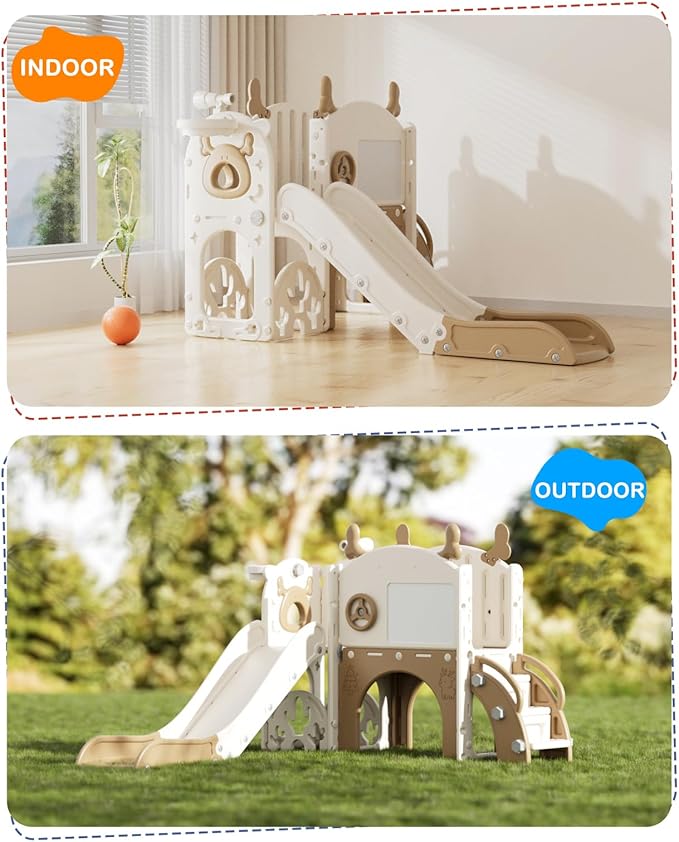 YUFU 12 in 1 Kids Slide for Toddlers, Toddler Slide Playset with Golf, Drawing Board, Climber, Basketball Hoop and Storage Space, Indoor Outdoor Toddler Playground for Kids Age 1-3 (Brown)