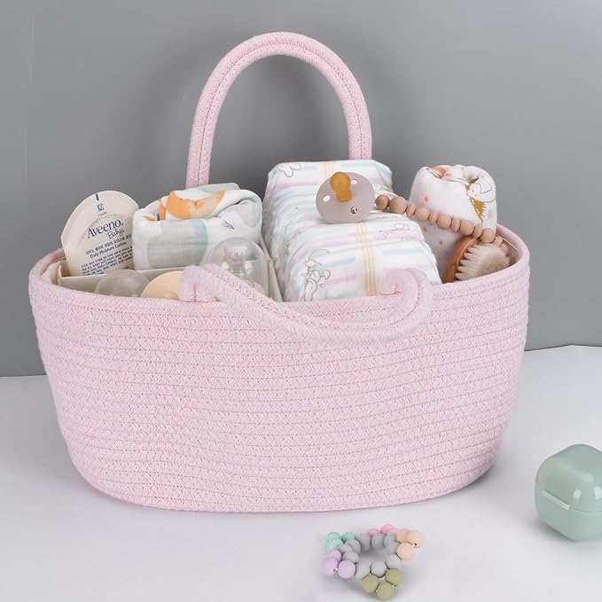 Baby Diaper Caddy Organizer for Girl Boy Rope Nursery Storage Bin Basket Portable Holder Tote Bag for Changing Table Car Travel Baby Shower Gifts Newborn Essentials Registry Must Have Items Pink