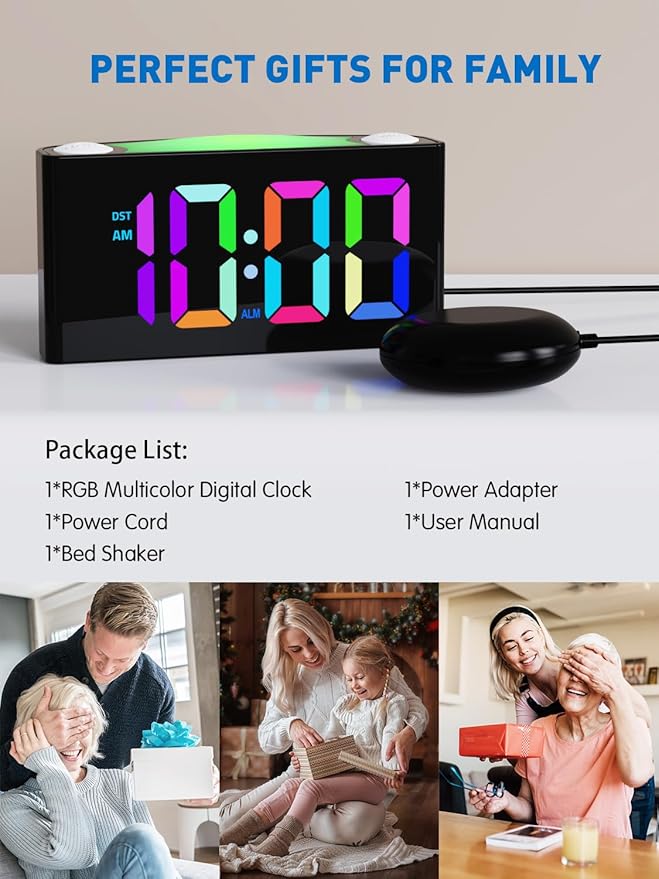 PPLEE RGB Vibrating Alarm Clock for Bedroom-Digital Clock with Bed Shaker,Super Loud Alarm Clock for Heavy Sleeper Hearing Impaired Deaf,Large Big Numbers for Senior,USB&Type-C,Dimmable,Battery Backup