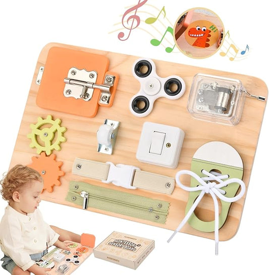Montessori Toys for Tooddlers- Busy Board for 1 2 3 4 Years - Educational Fidget Toy for Baby - Wooden Sensory Toys for Autistic Children - Preschool Activities - Fine Motor Skills – Travel Toy