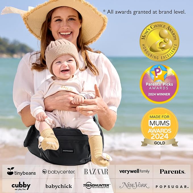Momcozy Hip Seat Baby Carrier - Adjustable Waistband with Original 3D Belly Protector, Ergonomic Carrier with Various Pockets for Newborns & Toddlers up to 45lbs (Black, Large)