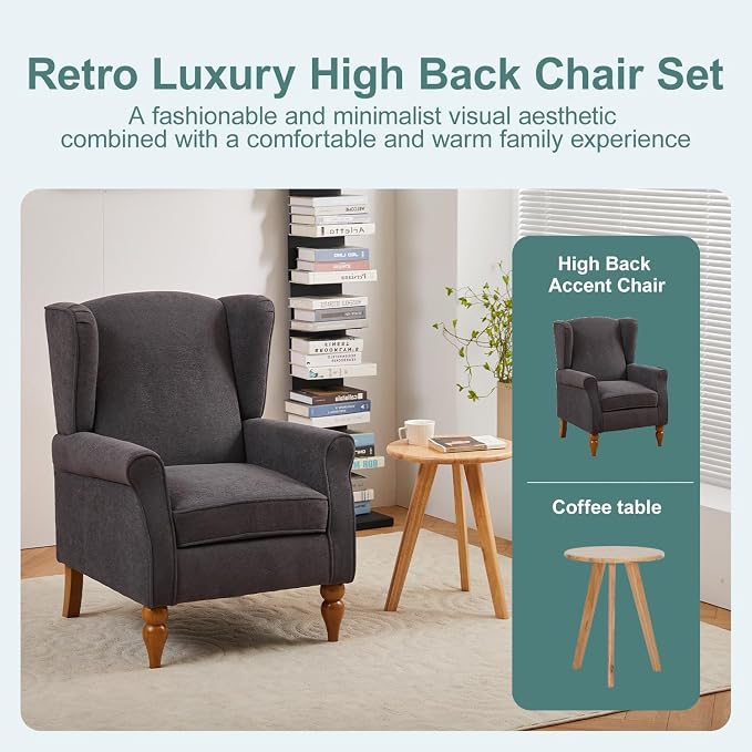 Coffee Table & Armchair Set, High-Back Wingback Chair - Image 3