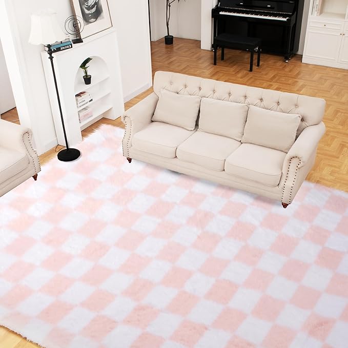 Super Soft Rug for Bedroom, 5x7 Ft Pink and White Area Rug Classic Checkered Shaggy Anti-Skid High Pile Soft Fluffy Rug Fuzzy Carpet for Living Room Bedroom Kids Room Nursery, Dorm Home Decor