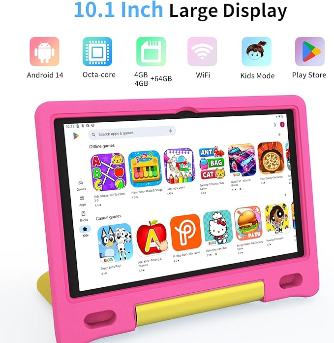 Kids Tablet, 10.1 Inch Tablet for Kids, Android 14, 64GB, Octa-Core CPU, WiFi, Big Battery, Kids Conten, Parental Control, HD Display Children Age 3-12, Bluetooth, Pink Shockproof Case