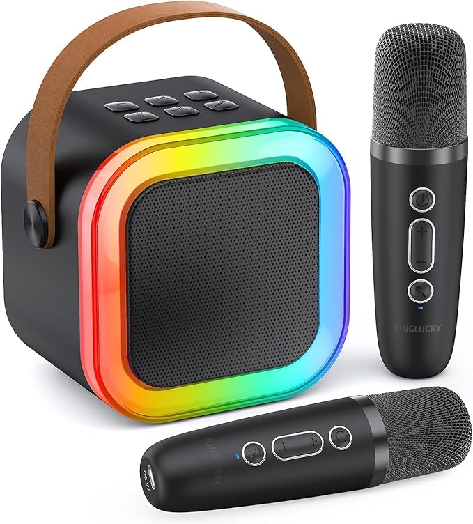 Kinglucky Mini Karaoke Machine for Kids, 2025 TOP Birthday Gifts Ideas for 3-12 Year Old Girls, Christmas Party Gifts Kids' Personal Video Players Accessories with 2 Wireless Microphones - Black