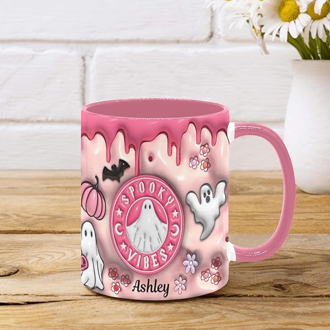Personalized Halloween Coffee Mug with Names, Pumpkin Coffee Cup, Custom Ghost Ceramic Coffee Mug, Spooky Vibes Trick Or Treat Halloween Accent Mug, Spooky Season Gift for Women Her 11 Oz