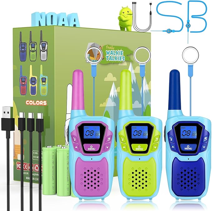Walkie Talkies for Kids Long Range Walkie-Talkie for Adults Rechargeable 2 Way Radios 3 Pack with Lanyard 4 Miles NOAA USB VOX, Family Toys for 3-12 Year Old Boys Girls Toddlers Camping Hiking