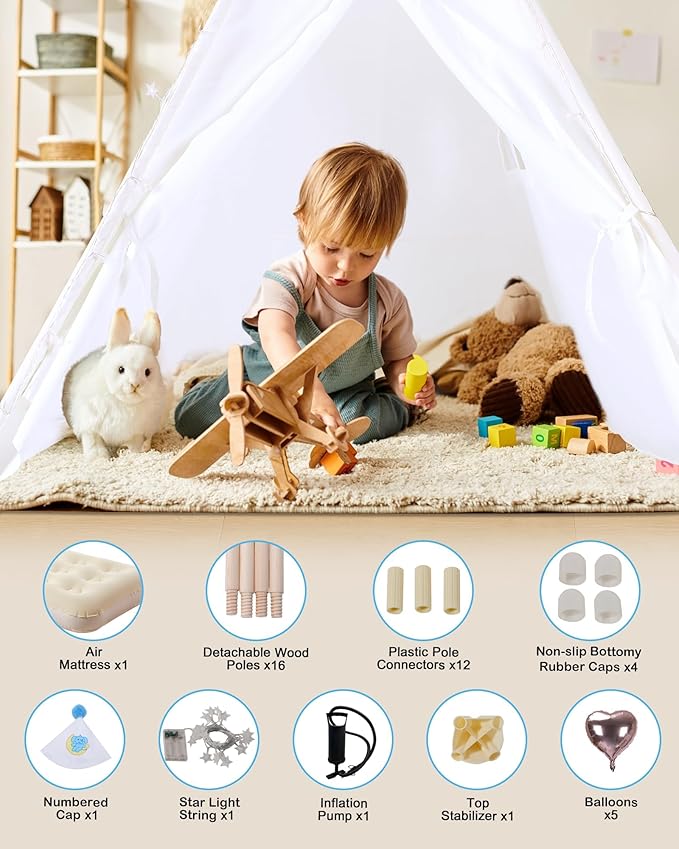 Teepee Tent for Kids with Inflatable Airbed, String Lights, Balloons, Pump, Washable Slumber Party Tent Indoor Outdoor for Girls Boys, Children Tipi Playhouse for Playtime and Sleepover