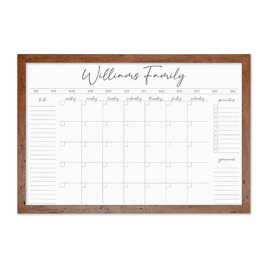 Personalized Dry Erase Wall Calendar with Custom To do list and Notes Organization Sections | Large Whiteboard Calendar (36" W x 24" H, Walnut Frame)