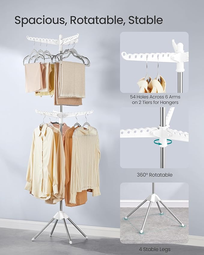 SONGMICS 2-Tier Clothes Drying Rack, 75.2-Inch Folding Laundry Drying Rack with 6 Rotatable Arms for Hangers, Stainless Steel, for 54 Pieces of Clothes, White and Silver ULLR514W01
